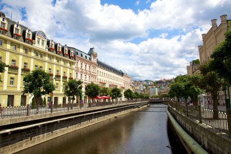 Karlovy Vary, Czech Republic, July 19, 2011 - City landscape and river Tepla in Karlovy Vary.のeditorial素材