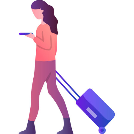 Woman traveler with luggage using mobile iconのイラスト素材