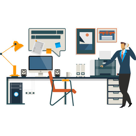 Man working in office flat vector business roomのイラスト素材