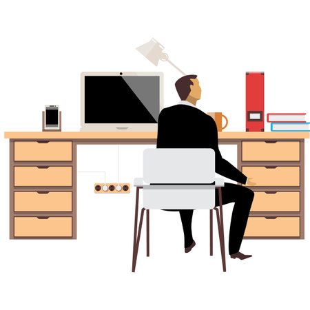 Man at work vector workspace with computer on deskのイラスト素材