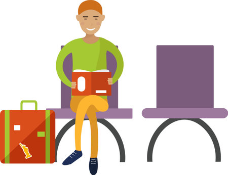 Passenger in waiting room reading book vector icon isolated on whiteのイラスト素材