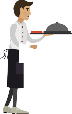 Man waiter carrying tray with freshly cooked restaurant dish vector icon isolated on whiteのイラスト素材