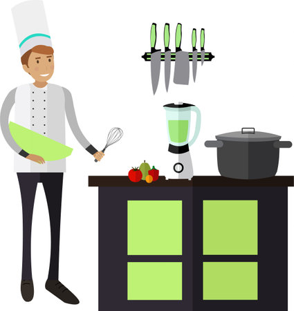 Master chef cooking on restaurant kitchen vector icon isolated on whiteのイラスト素材