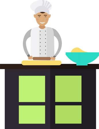 Baker kneading dough on kitchen vector icon isolated on whiteのイラスト素材