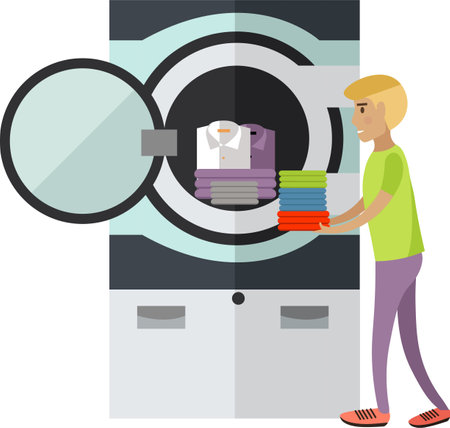 Man at laundromat vector icon isolated on whiteのイラスト素材