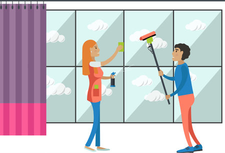 Happy family couple cleaning window vector icon isolated on whiteのイラスト素材