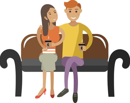 Happy loving couple drinking coffee while sitting on park bench vector icon isolated on whiteのイラスト素材