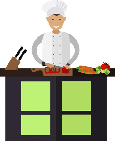 Master chef cooking salad chopping vegetable on restaurant kitchen vector icon isolated on whiteのイラスト素材