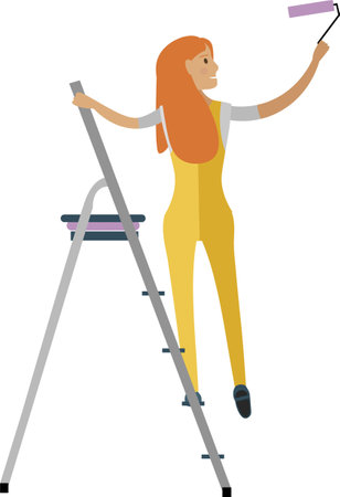 Woman painting wall standing on ladder vector icon isolated on whiteのイラスト素材