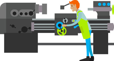 Factory worker and huge technological machine vector icon isolated on whiteのイラスト素材