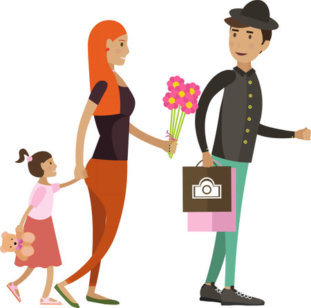 Smartly dressed family with girl child going to holiday vector icon isolated on whiteのイラスト素材