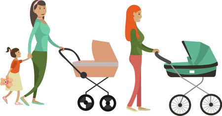 Young mothers on walk with children in strollers vector icon isolated on whiteのイラスト素材