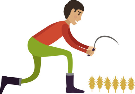 Farmer mowing ripe wheat spikelets with vintage sickle vector icon isolated on whiteのイラスト素材