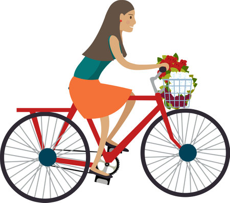 Woman florist riding bicycle vector icon isolated on whiteのイラスト素材