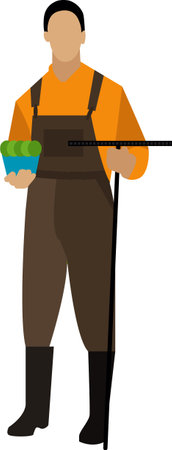 Male gardener with flowerpot and rake vector icon isolated on whiteのイラスト素材