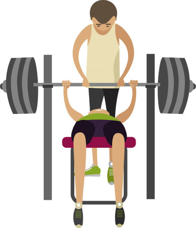 Man doing bench press using barbell with trainer help vector icon isolated on whiteのイラスト素材