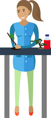 Woman working at biotechnology laboratory growing plants in tubes vector icon isolated on whiteのイラスト素材