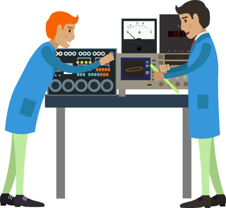 Scientists laboratory workers conducting analysis and research vector icon isolated on whiteのイラスト素材
