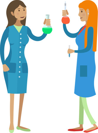 Two young woman laboratory workers conducting chemical experiment vector icon isolated on whiteのイラスト素材