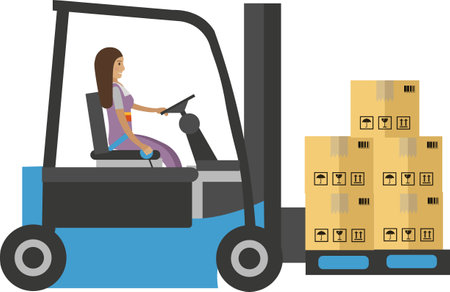 Woman warehouse worker driving forklift loaded with parcel boxes vector icon isolated on whiteのイラスト素材