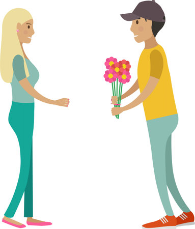 Boyfriend giving flower to girlfriend vector icon isolated on whiteのイラスト素材