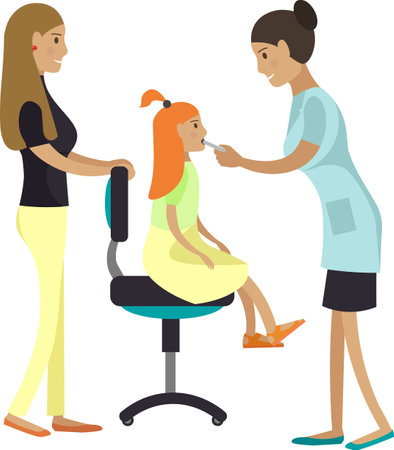 Doctor podiatrist examining throat of little child patient vector icon isolated on whiteのイラスト素材