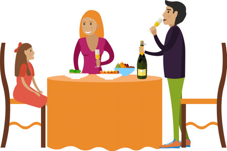 Happy family at festive dining table vector icon isolated on whiteのイラスト素材