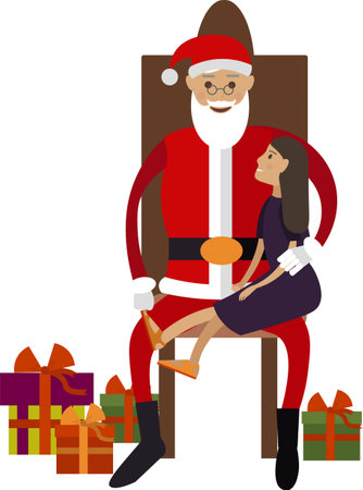 Girl sitting on Santa lap and reciting rhyme, Christmas tradition vector icon isolated on whiteのイラスト素材