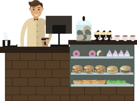 Salesman at cafeteria coffee-house counter desk vector icon isolated on whiteのイラスト素材