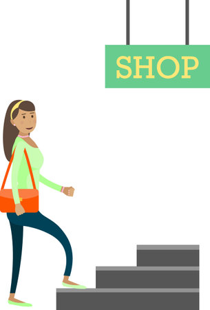 Woman entering shop market vector icon isolated on whiteのイラスト素材