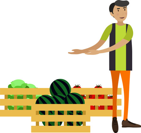 Farmer selling garden harvest vector icon isolated on whiteのイラスト素材