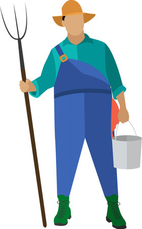 Old farmer with garden fork and bucket vector icon isolated on whiteのイラスト素材