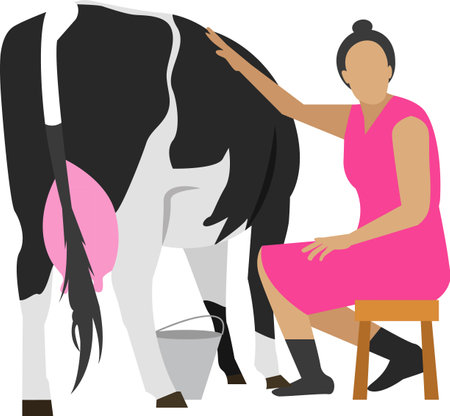 Milkmaid farmer milking cow vector icon isolated on whiteのイラスト素材