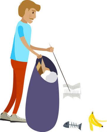 Man volunteer picking organic waste on street, beach or park vector icon isolated on whiteのイラスト素材