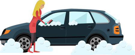 Woman clearing car from snow vector icon isolated on whiteのイラスト素材