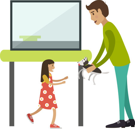 Happy father and daughter buying puppy at zoo shop vector icon isolated on whiteのイラスト素材