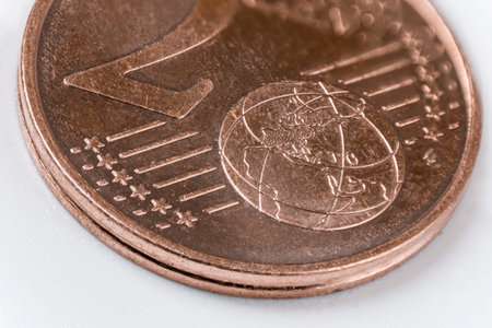 Macro partial image of a 2 cent euro coin. Image filling, with high depth focus isolated for white...
