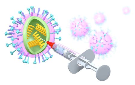 Medical 3d illustration showing flu or Influenza viruses vaccination with syringe の写真素材