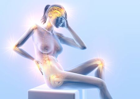 3D illustration showing a woman with painful joints: shoulder, cervical spine, lumbar spine, wrist, hip and nervous system with nerves and brainの写真素材