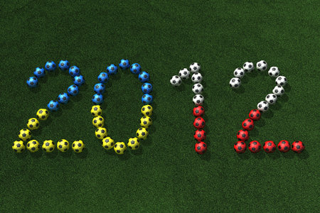 Soccer (football) balls on grass, forming 2012 with colors of flags of Ukraine and Poland, 3d...