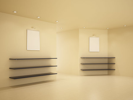 New room, clean interior, few shelves, 3d illustration