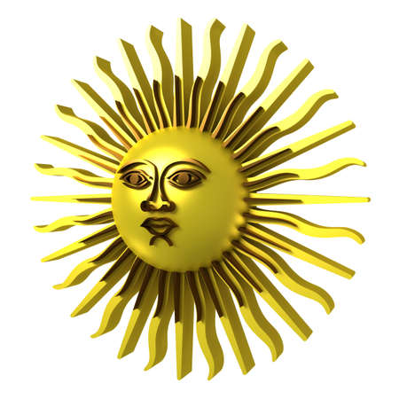 Golden sun, with face,  3d illustration, isolated on whiteの写真素材