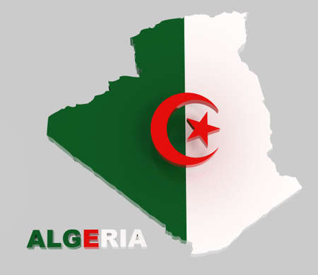 Algeria, map with flag, isolated on grey, 3d illustrationの写真素材