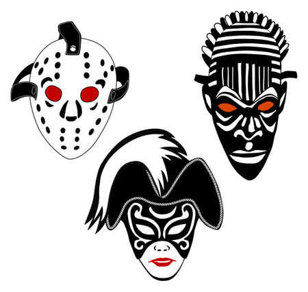 Masks, set of vintage ice hockey, Venice and African masksのイラスト素材