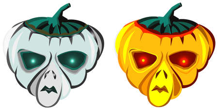 Halloween pumpkins, grey and orange alien masks, Jack-o'-lantern, vector illustration, isolated on whiteのイラスト素材