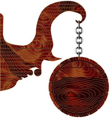 Blank wooden sign hanging on chain, vector illustration, isolated on whiteのイラスト素材