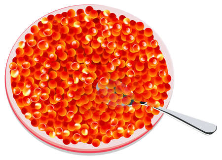 Plate with red caviar and spoon, isolated on white, all objects on different layers, vector illustrationのイラスト素材