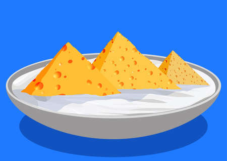 Cheese in the form of the Egyptian pyramids, in a saucer with sour cream, vector llustrationのイラスト素材
