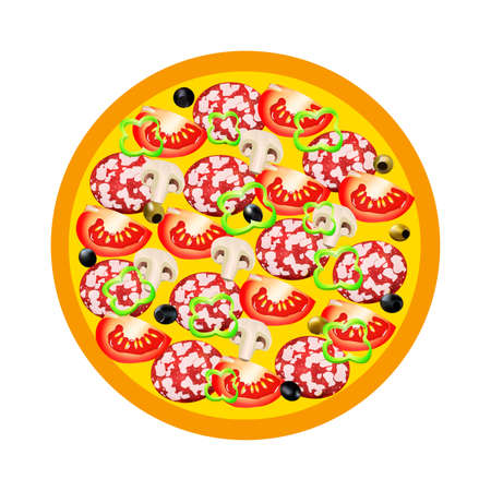 Pizza with salami, peppers, tomatoes, champignon and olives on a white background. illustration. All elements are located on the isolated layers. Isolated on whiteのイラスト素材