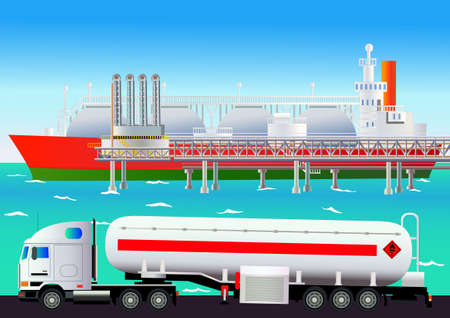 LNG terminal, with tanker and truck. Flat style. All objects are located on separate levelsのイラスト素材